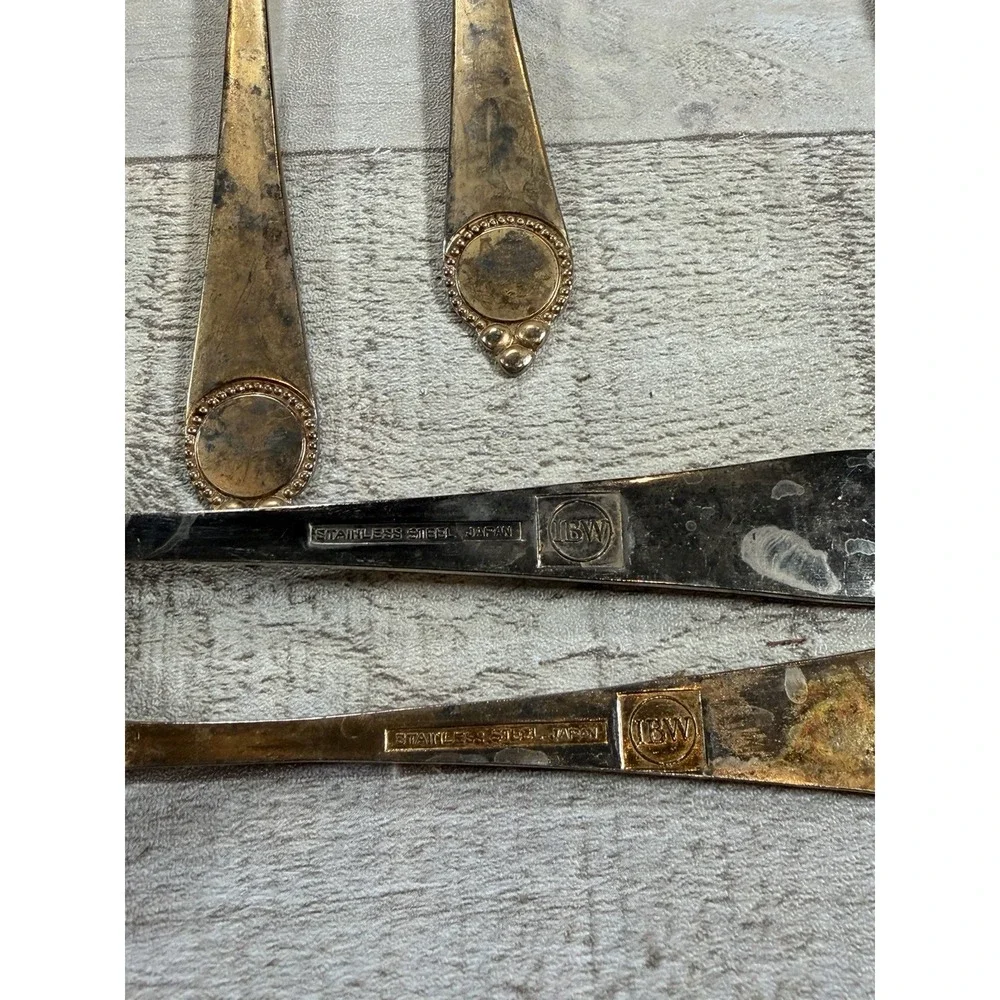 Vintage IBW Japan Gold Plated Stainless Flatware 11 Pc Medallion Pattern